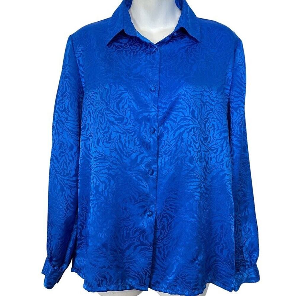 Worthington Vintage Blue Satin Shiny Button Down Long Sleeve Top Shirt sz 12